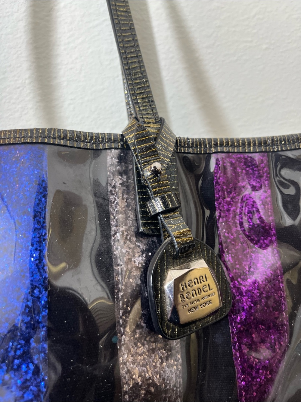 henri bendel Black Tote with Blue, Purple and Silver Glitter Stripes